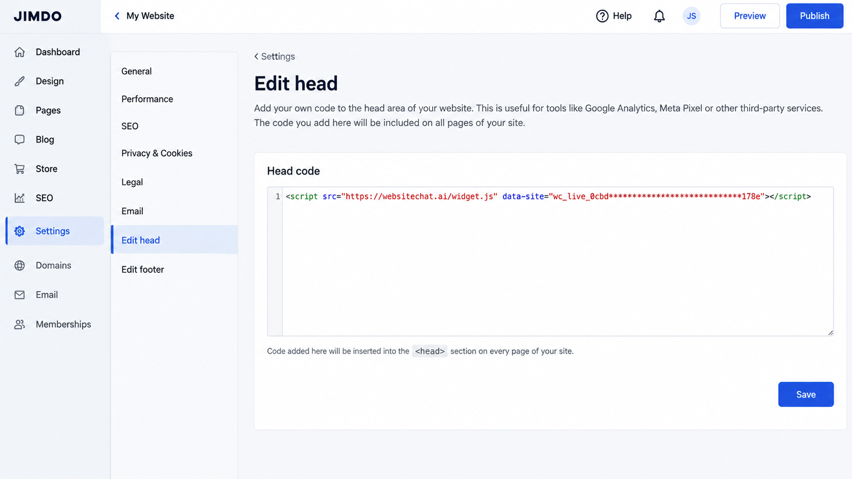 Jimdo CreatorのEdit HeadにWebsiteChatのWidgetコードを追加している画面