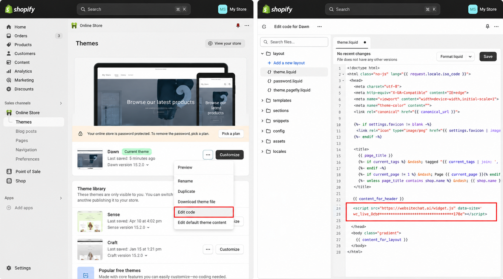 Shopify管理画面のテーマまたはコード編集画面にWebsiteChatのWidgetコードを追加している画面