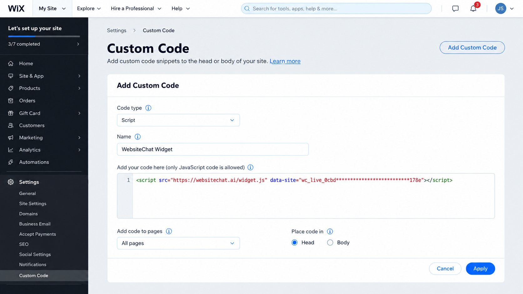 Wixのカスタムコード設定にWebsiteChatのWidgetコードを追加している画面